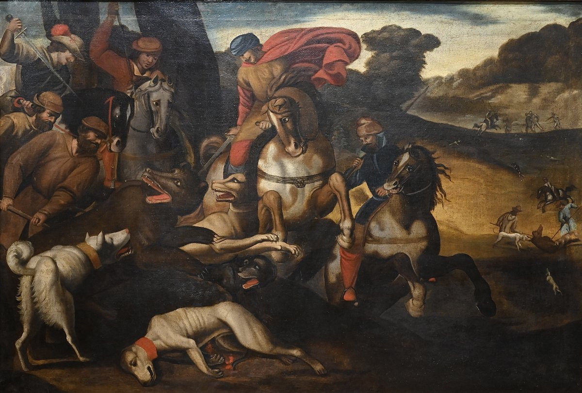 Chasse à l'ours - Huile sur toile - Italie XVIIe siècle-photo-2